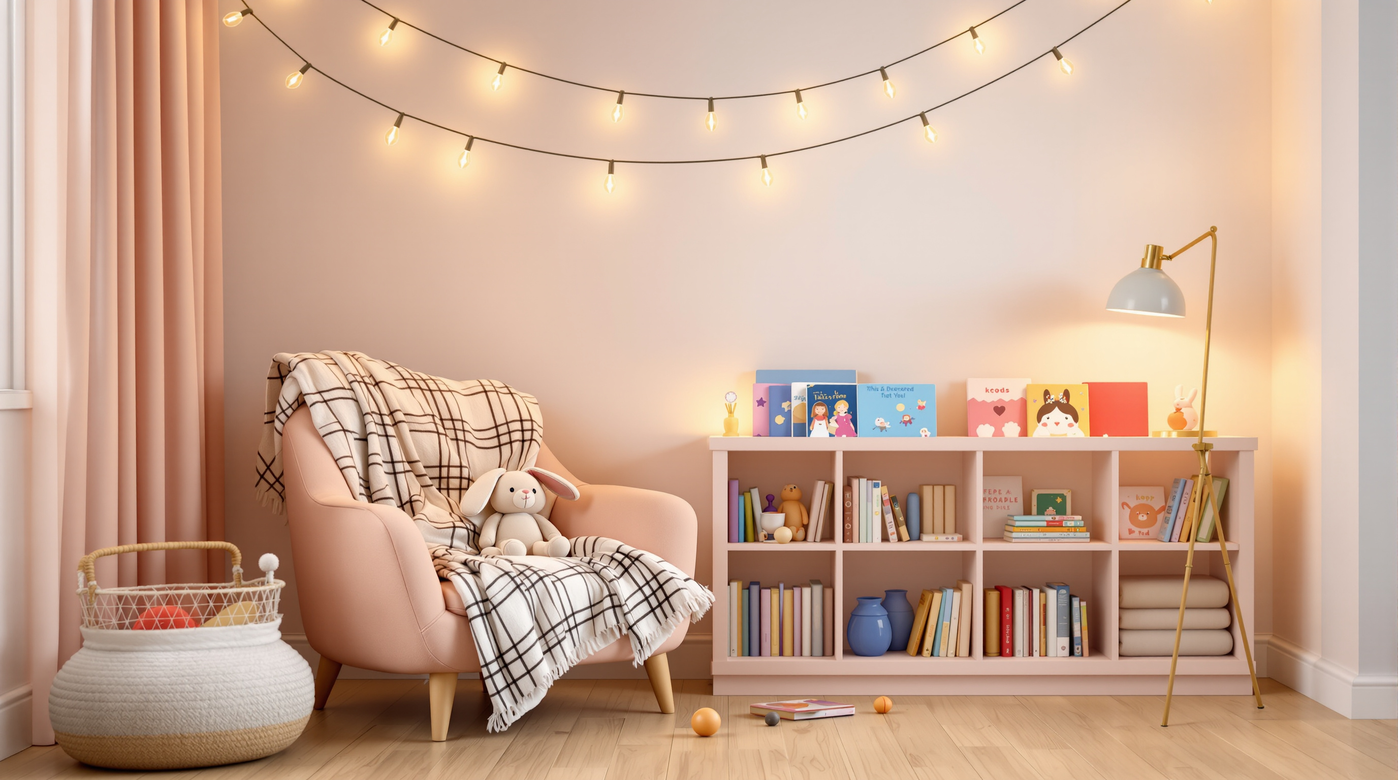 Уютный детский книжный уголок с полкой любимых книг
